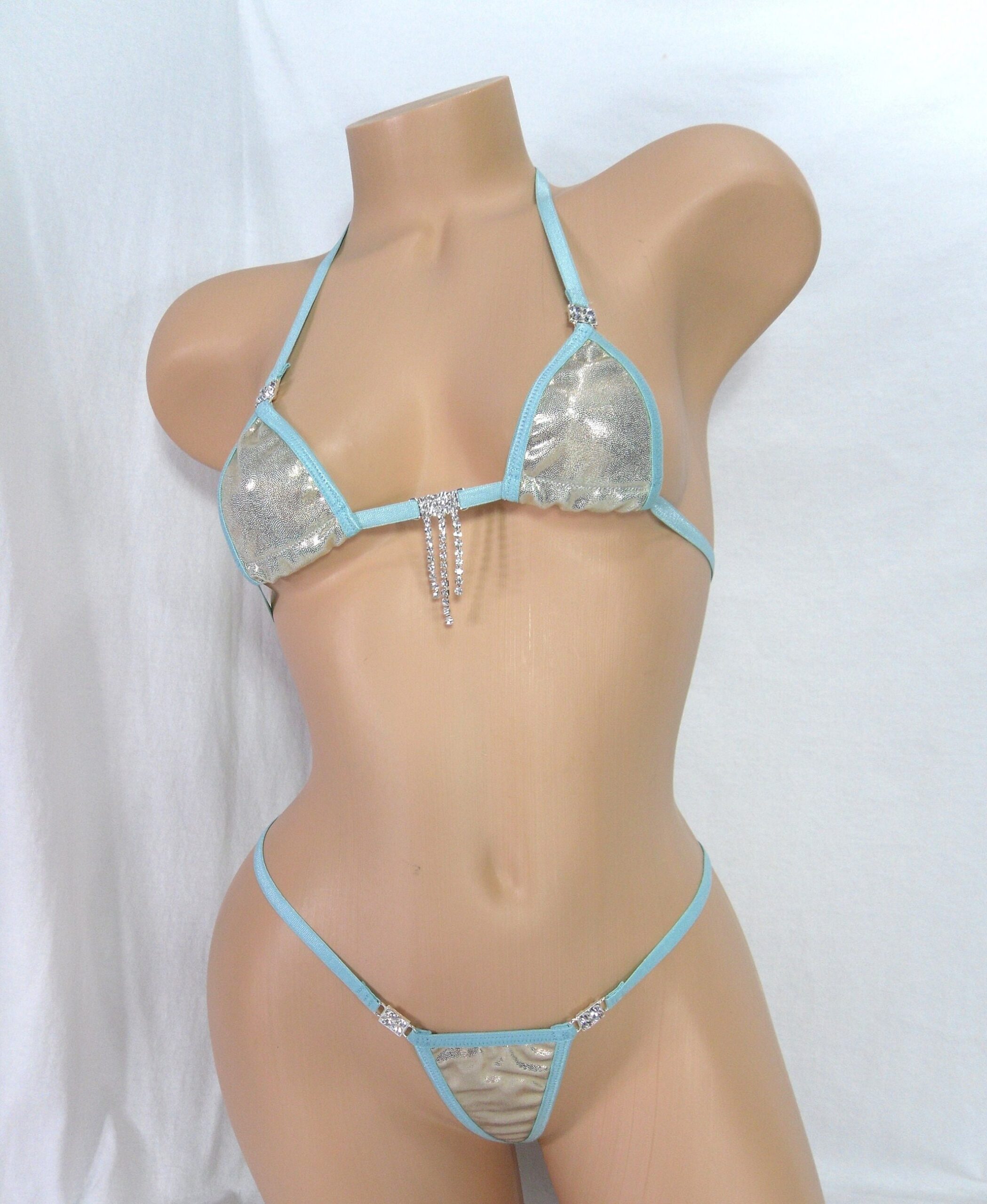 Mini Micro Bikini w/RHINESTONES! Champagne Mystique with Turquoise trim s/m