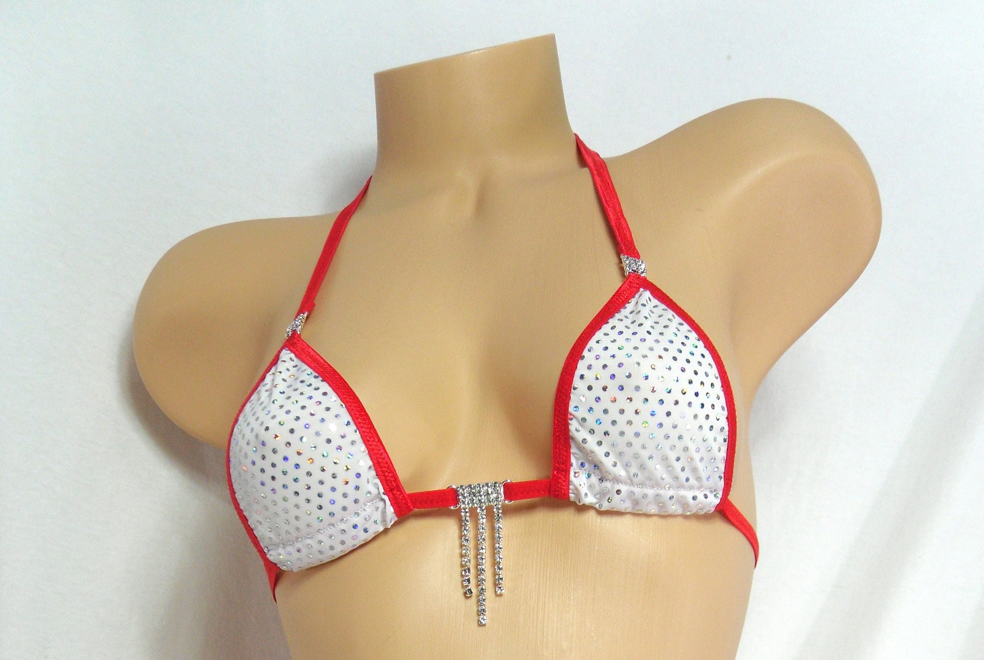 Sexy Micro Bikini with RHINESTONES! White with Silver Holographic Dots with red trim S/M - Image 3