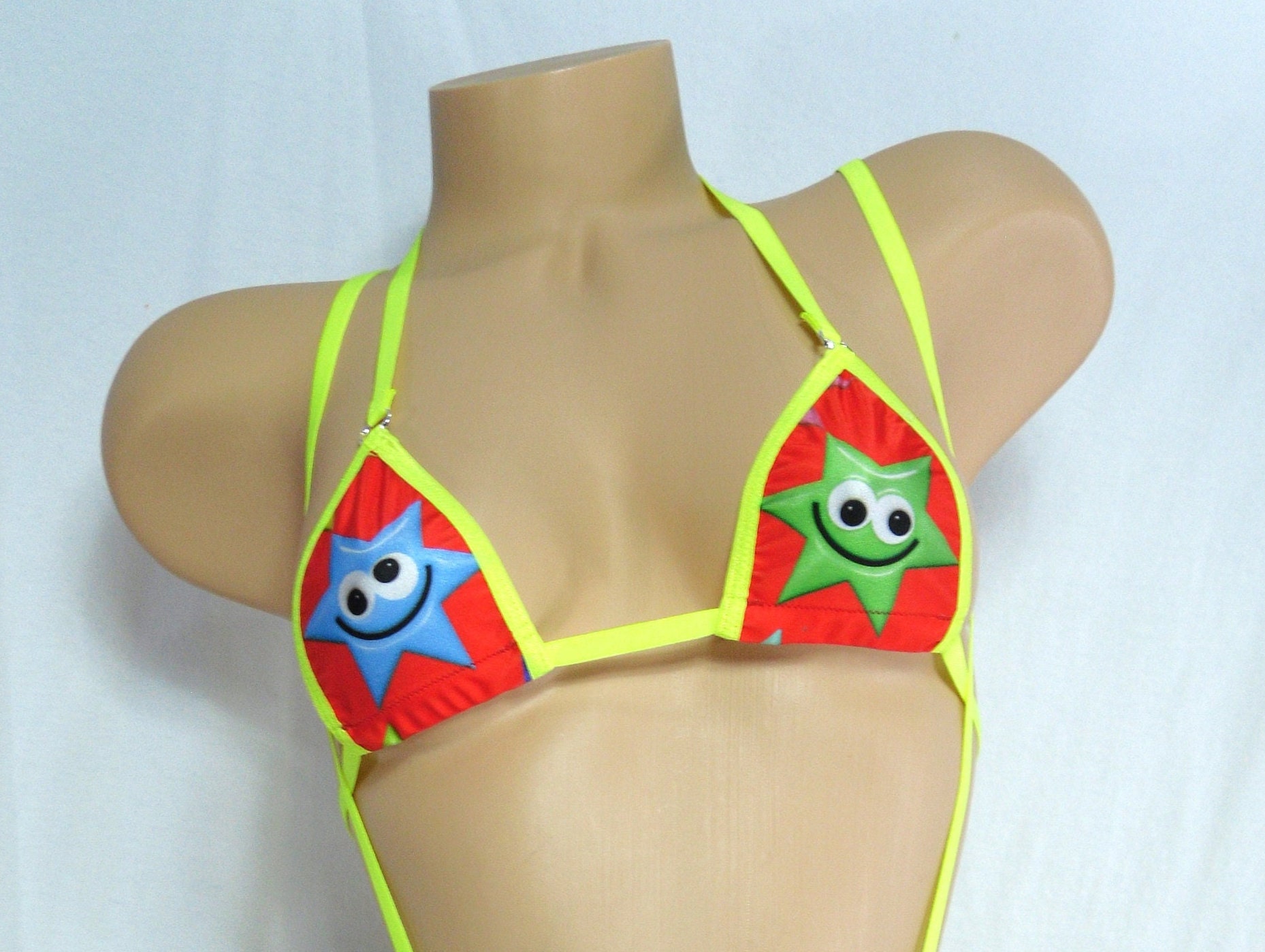 Micro Bikini w/CHOICE of Bottom- Googly-Eyed Stars on Red-Neon Yellow Trim- S/M - Image 2