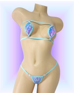 Mini Teardrop Bandeau G-String- Pink, Purple and Blue Tie Dye with Sequins and Turquoise Trim-S/M