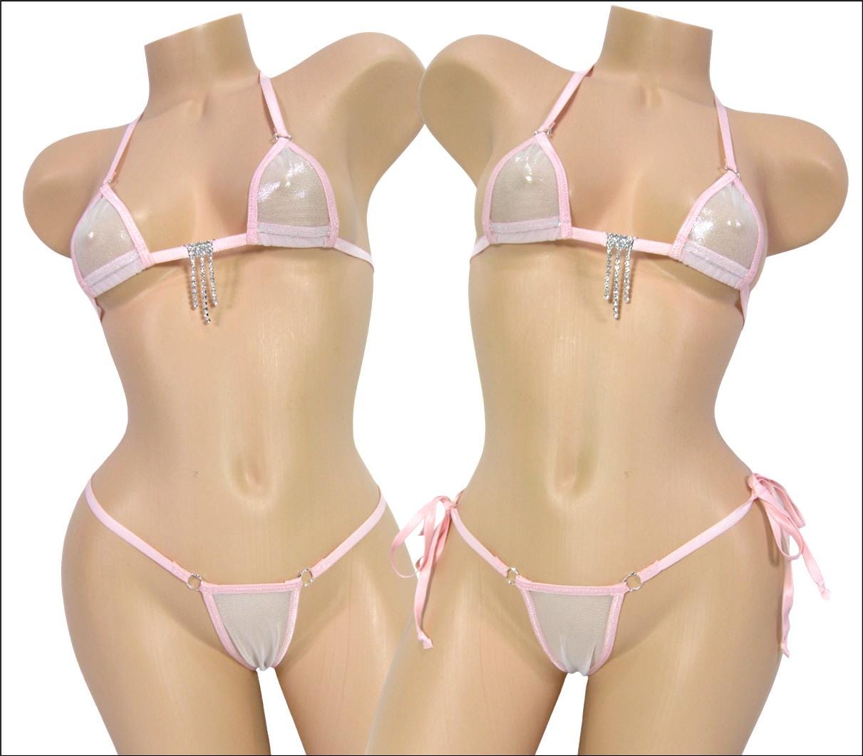 White/Silver Metallic Mesh-Lt. Pink Trim-Mini Micro Bikini w/Comfort Fit G-String-See Through-S/M