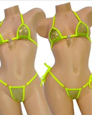 Mini Micro Bikini w/your Choice of Comfort Fit G-String-Green/Gold Tie Dye Metallic Mesh-Neon Yellow Trim-S/M