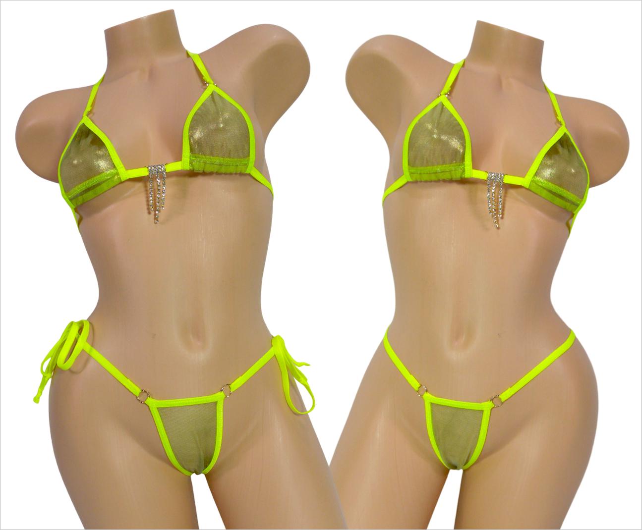 Micro Bikini w/your Choice of Comfort Fit G-String-Green/Gold Tie Dye Metallic Mesh-Neon Yellow Trim-S/M