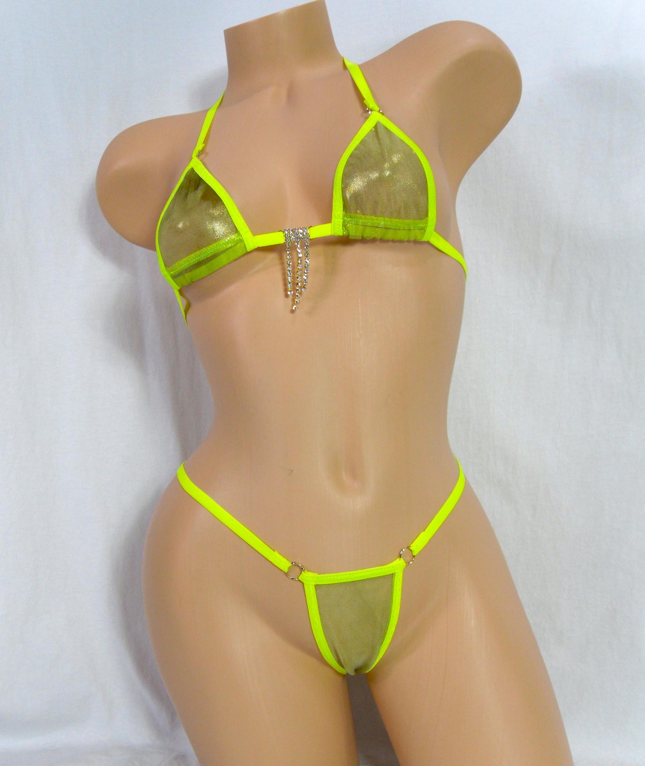 Micro Bikini w/your Choice of Comfort Fit G-String-Green/Gold Tie Dye Metallic Mesh-Neon Yellow Trim-S/M - Image 4