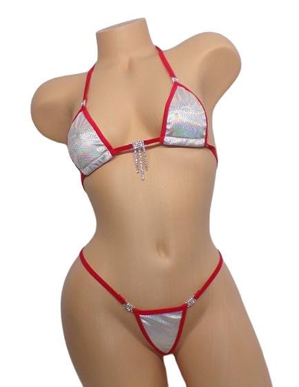 Micro Bikini w/Choice of G-String-RHINESTONES- White Holographic Velvet-Choice of Trim-S/M - Image 4