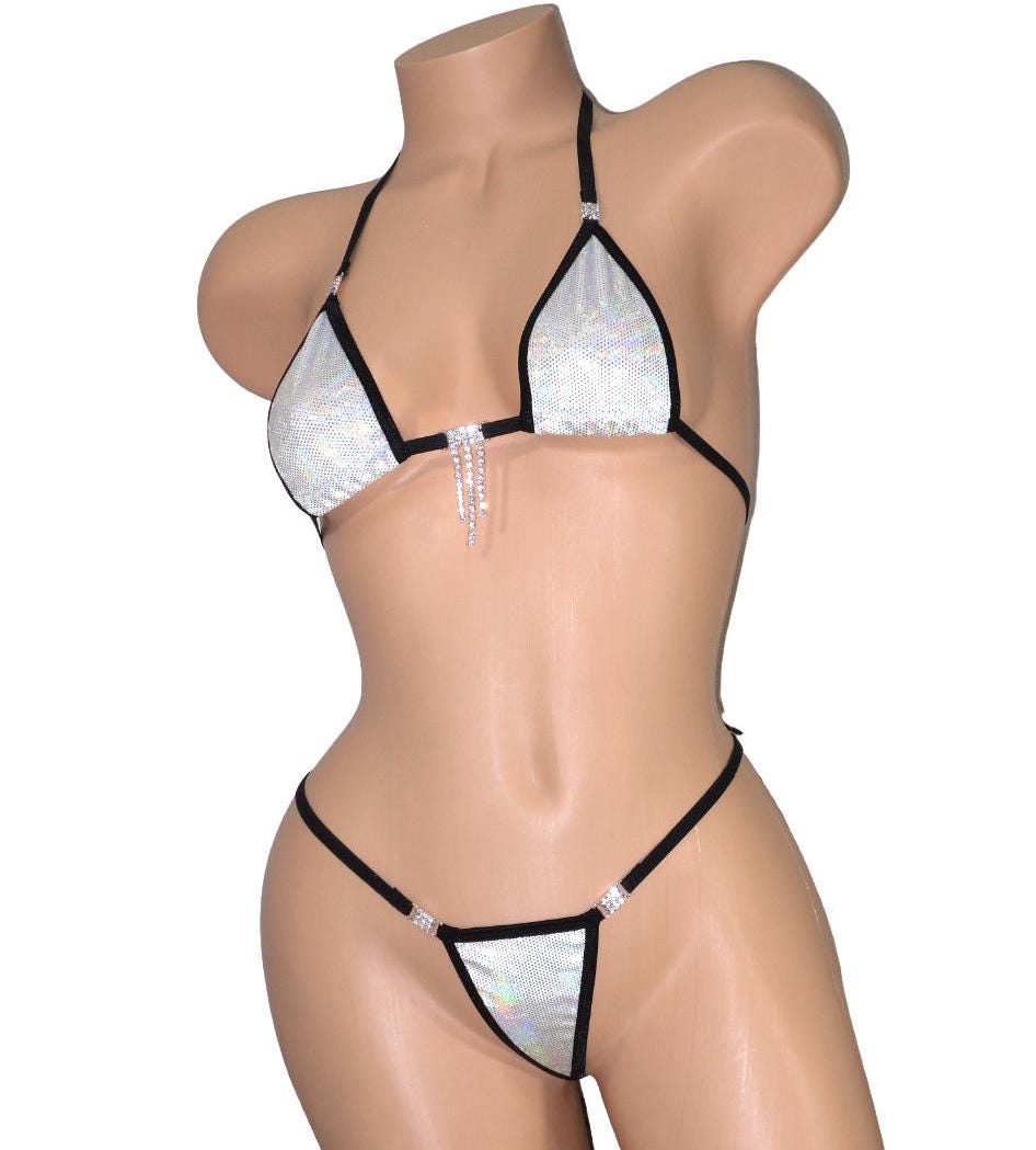 Micro Bikini w/Choice of G-String-RHINESTONES- White Holographic Velvet-Choice of Trim-S/M - Image 7