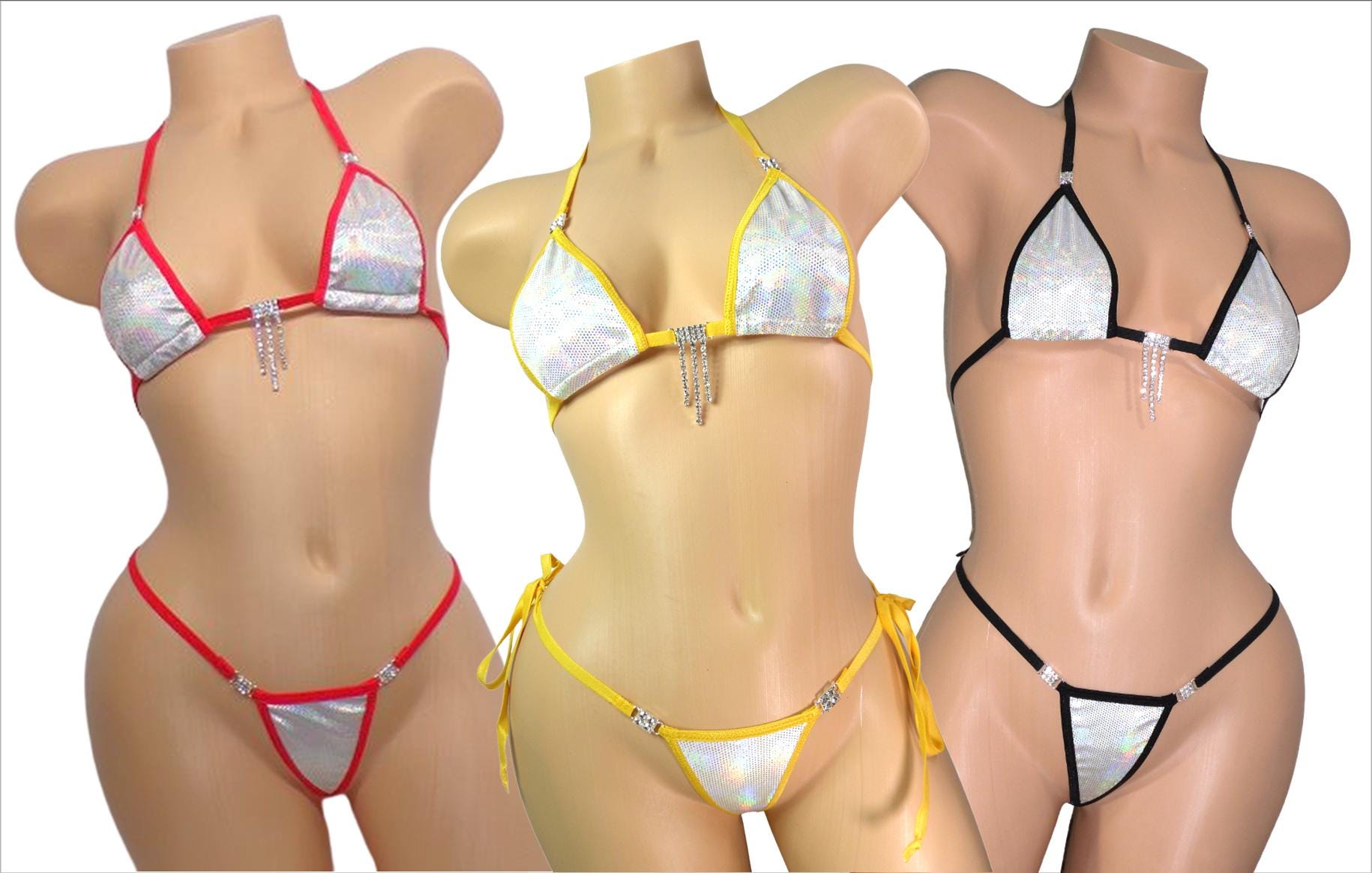 Micro Bikini w/Choice of G-String-RHINESTONES- White Holographic Velvet-Choice of Trim-S/M