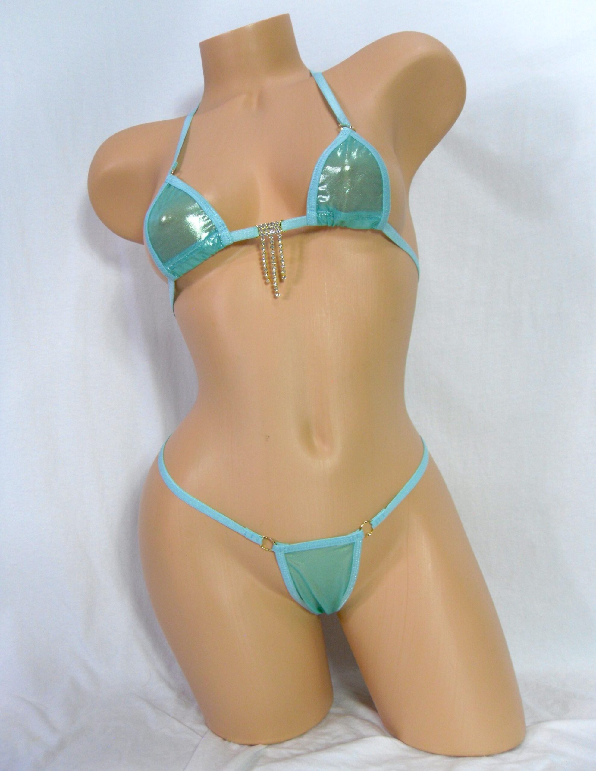 Mini Micro Bikini w/Choice of Comfort Fit G-String-Mint/Gold Metallic Mesh-Turquoise Trim-S/M - Image 2