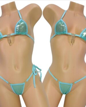 Mini Micro Bikini w/Choice of Comfort Fit G-String-Mint/Gold Metallic Mesh-Turquoise Trim-S/M