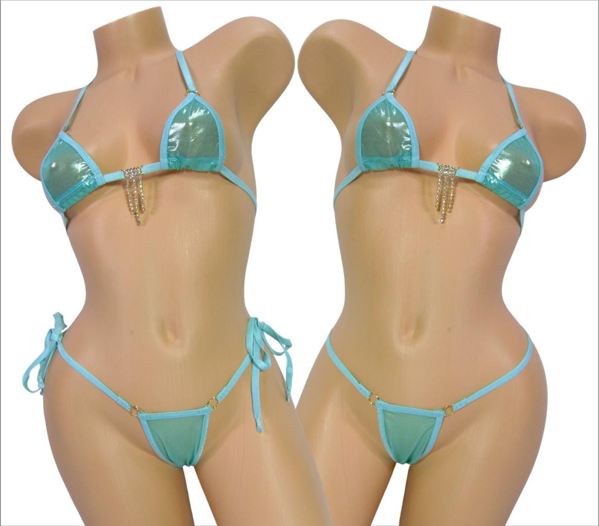 Mini Micro Bikini w/Choice of Comfort Fit G-String-Mint/Gold Metallic Mesh-Turquoise Trim-S/M