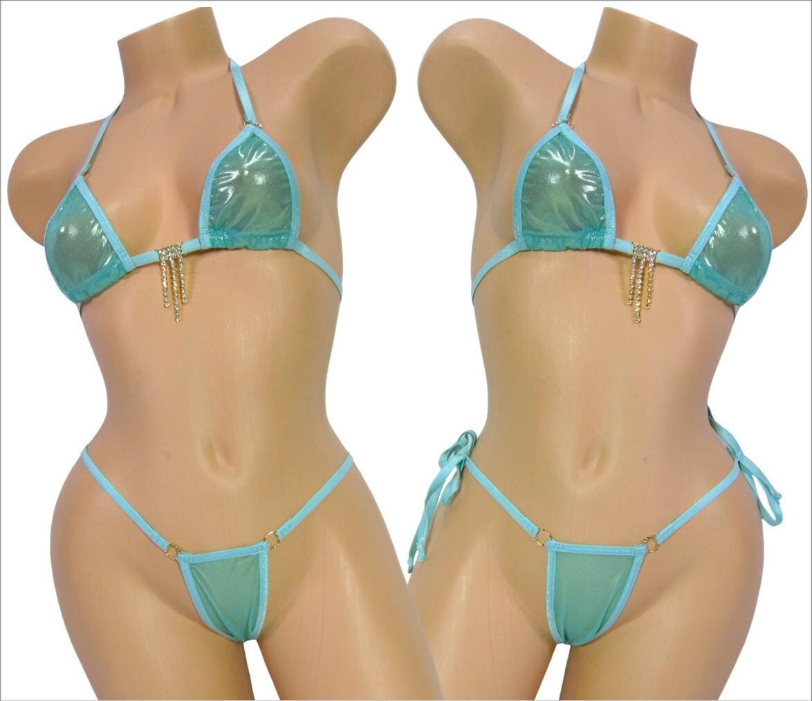 Micro Bikini w/Choice of Comfort Fit G-String-Mint/Gold Metallic Mesh-Turquoise Trim-S/M