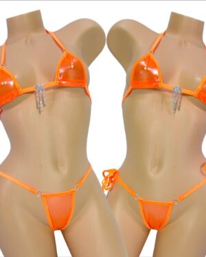 Mini Micro Bikini W/Choice of Comfort Fit G-String-Orange Metallic Mesh-Neon Orange Trim-S/M