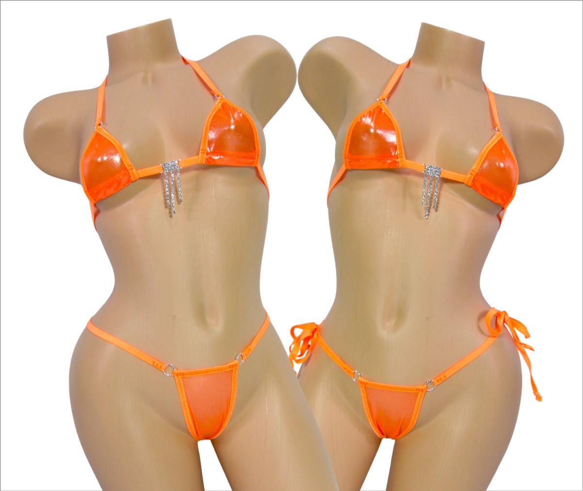 Mini Micro Bikini W/Choice of Comfort Fit G-String-Orange Metallic Mesh-Neon Orange Trim-S/M