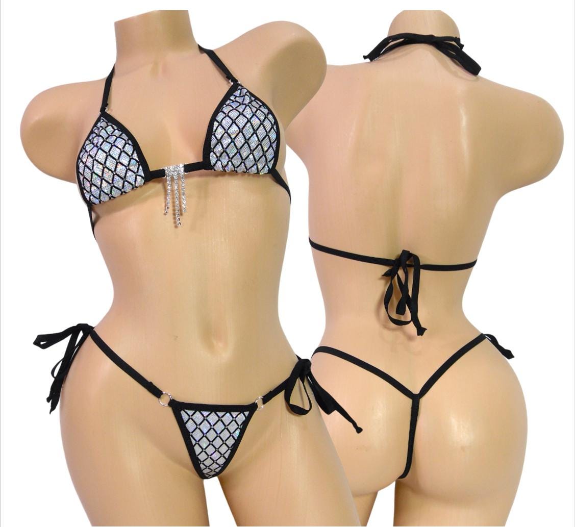 Micro G-String Bikini- Silver Shattered Glass Holographic with Velvet Diamond Flocking and Bling-S/M - Image 7