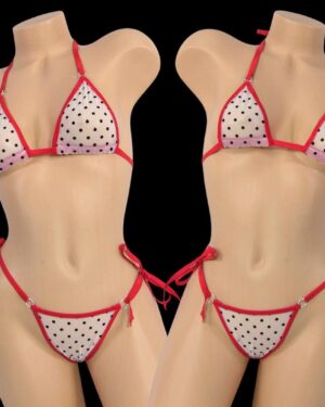 Extended Triangle Back Thong-Choice of Top-White Mesh w/Black Velvet Polka-Dots-Red Trim-S/M