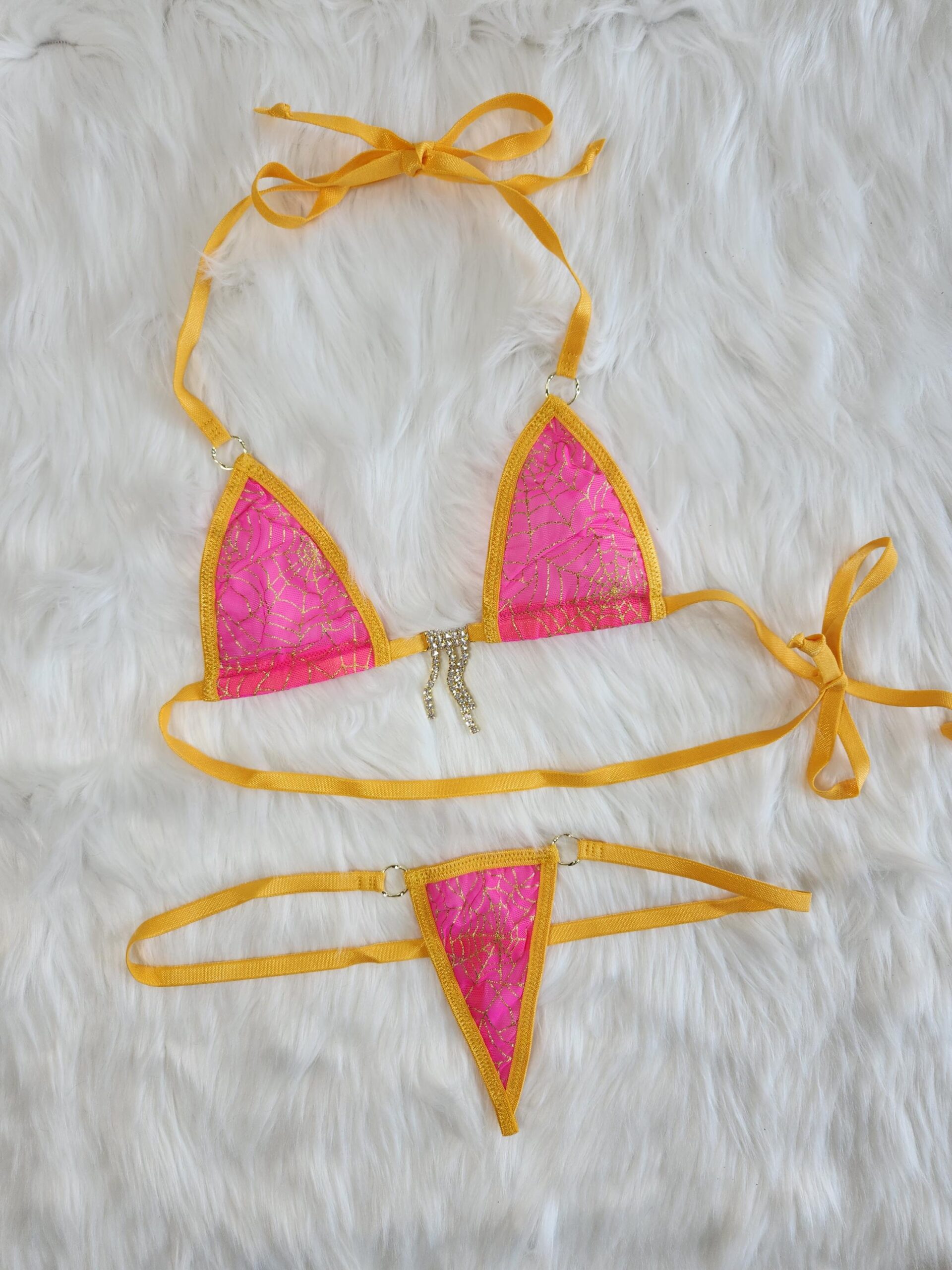 Micro G-String Bikini-Hot Pink Mesh with Gold Spiderweb-Gold Trim-S/M - Image 2
