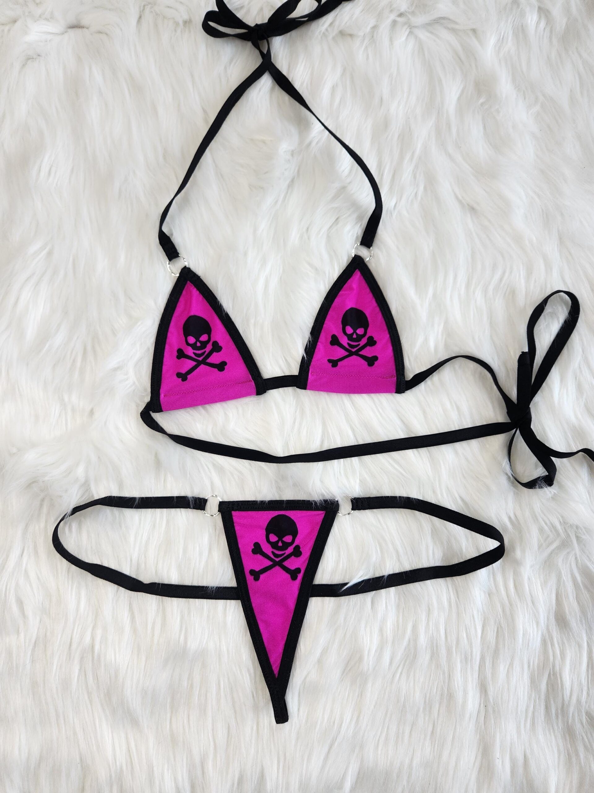 Mini Micro Bikini- G-String- Black Skull and Cross Bones on Fuchsia with Black Trim S/M - Image 5