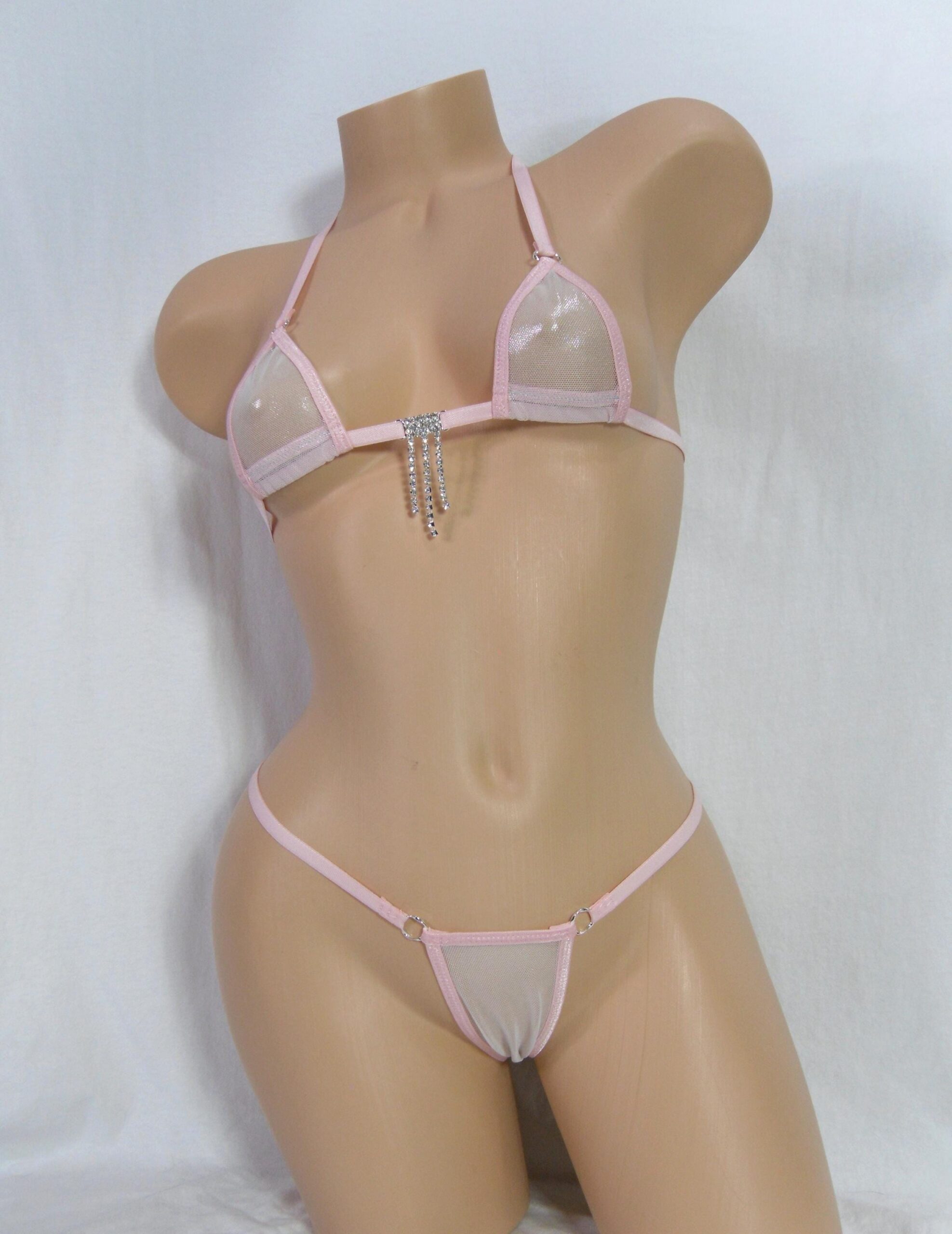 White/Silver Metallic Mesh-Lt. Pink Trim-Mini Micro Bikini w/Comfort Fit G-String-See Through-S/M - Image 2