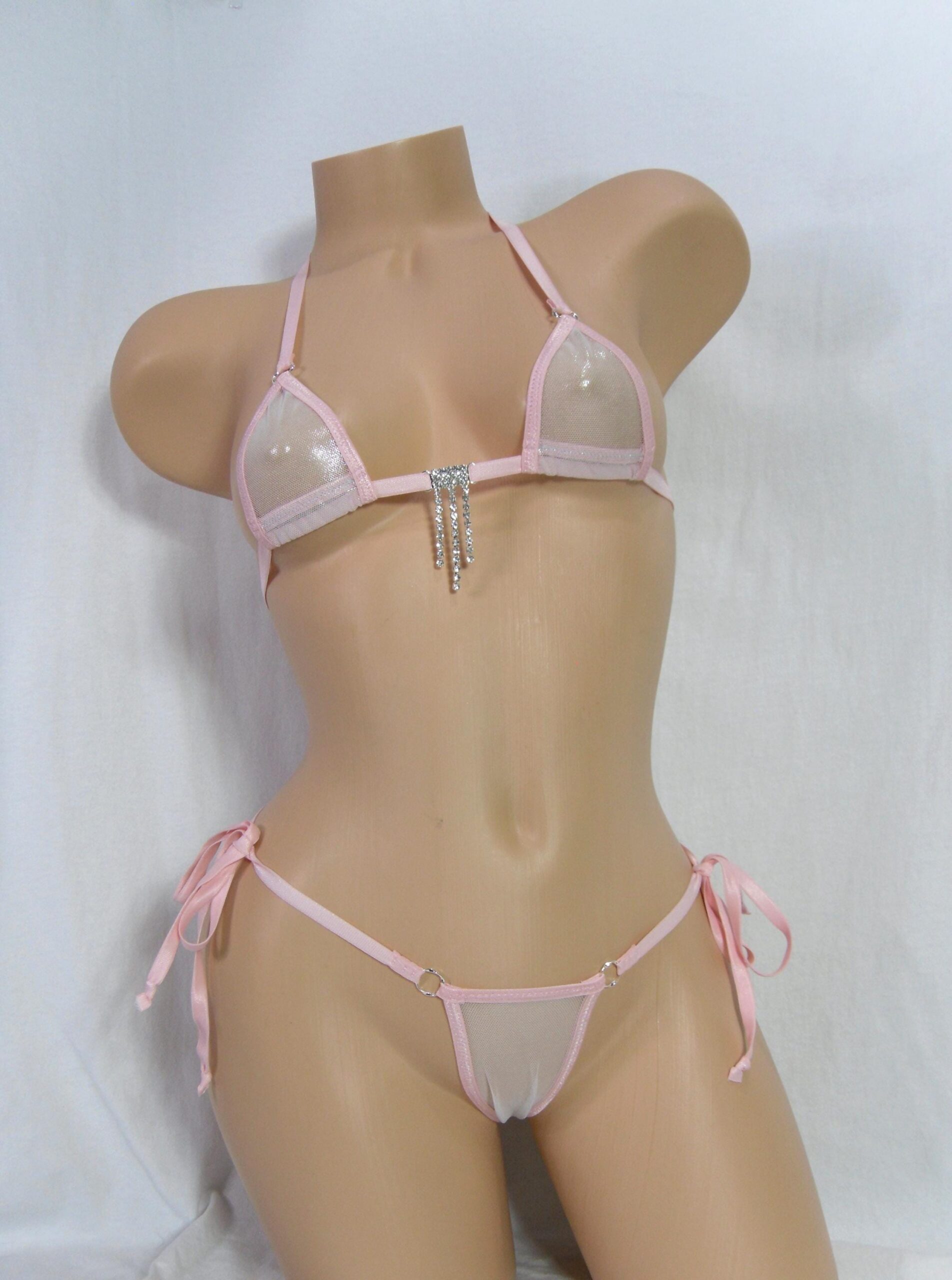 White/Silver Metallic Mesh-Lt. Pink Trim-Mini Micro Bikini w/Comfort Fit G-String-See Through-S/M - Image 4