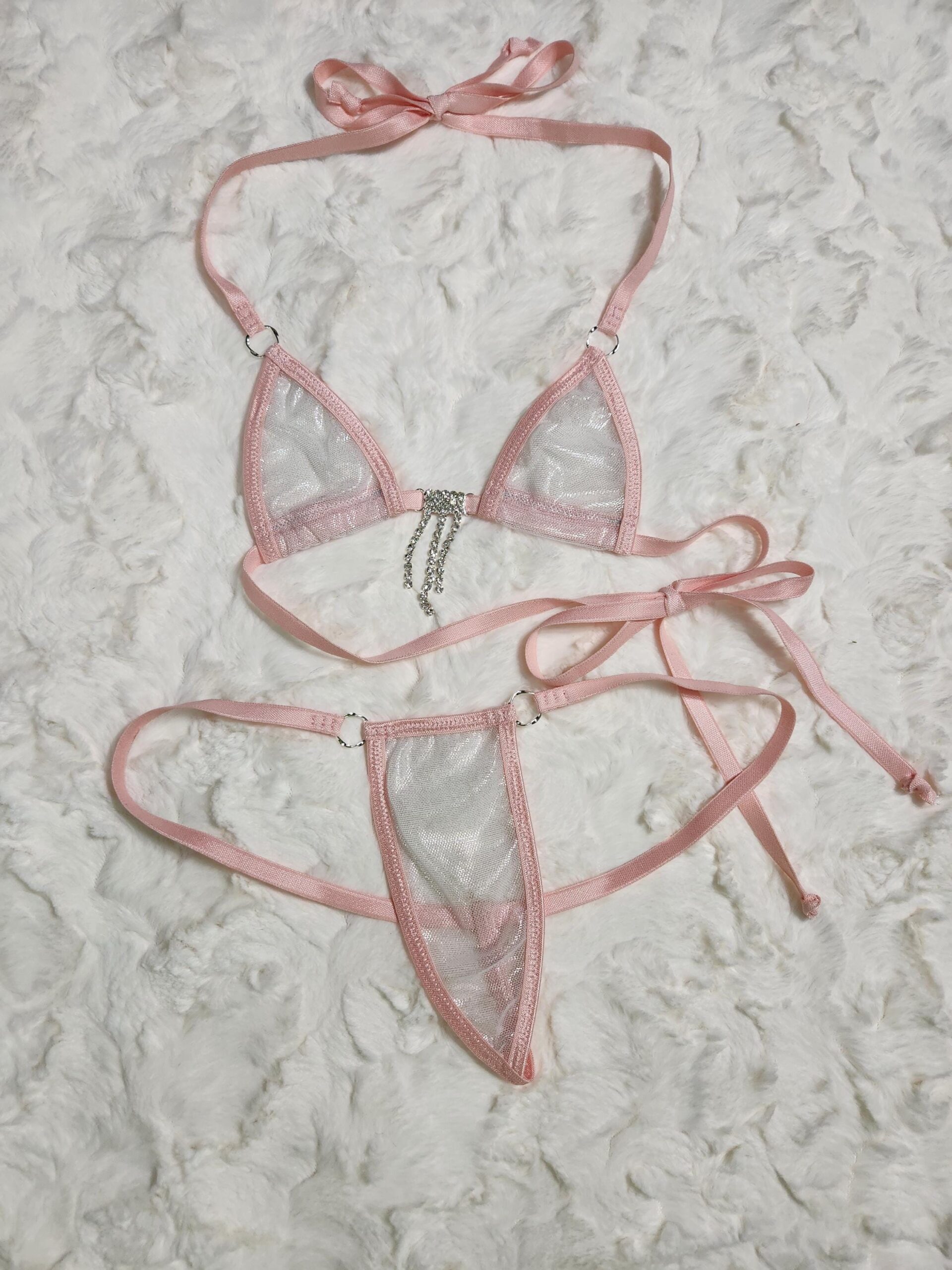 White/Silver Metallic Mesh-Lt. Pink Trim-Mini Micro Bikini w/Comfort Fit G-String-See Through-S/M - Image 3