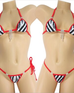 Mini Micro Bikini w/RHINESTONES! Choice of Bottom- Silver holographic with black velvet flocking and glitter dots with red trim s/m
