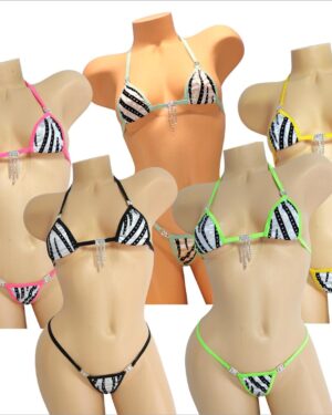 Mini Micro Bikini w/RHINESTONES! G-String- Silver holographic with black velvet flocking and glitter dots with pink trim s/m