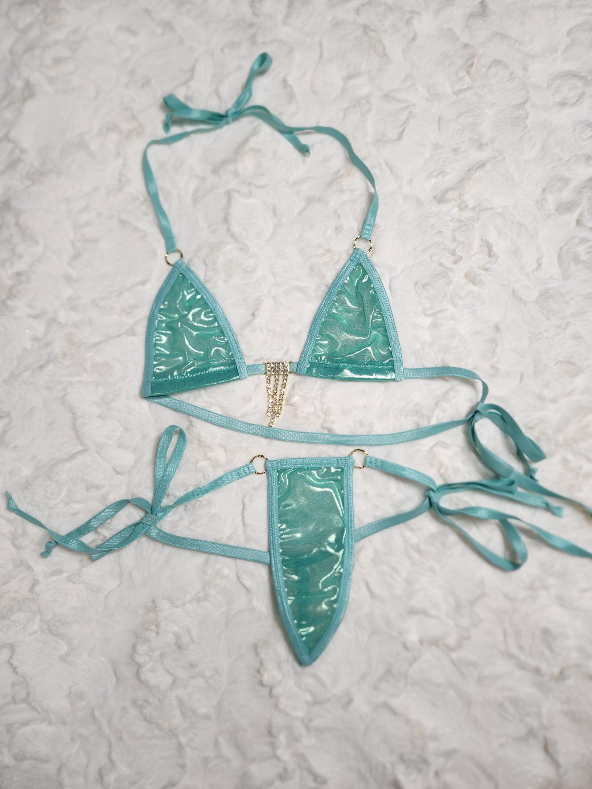Micro Bikini w/Choice of Comfort Fit G-String-Mint/Gold Metallic Mesh-Turquoise Trim-S/M - Image 4