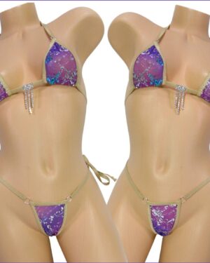 Micro Bikini w/Choice of Comfort Fit G-String-Turquoise and Silver Foil on Purple Mesh-Rhinestone-Nude/Tan Trim-S/M