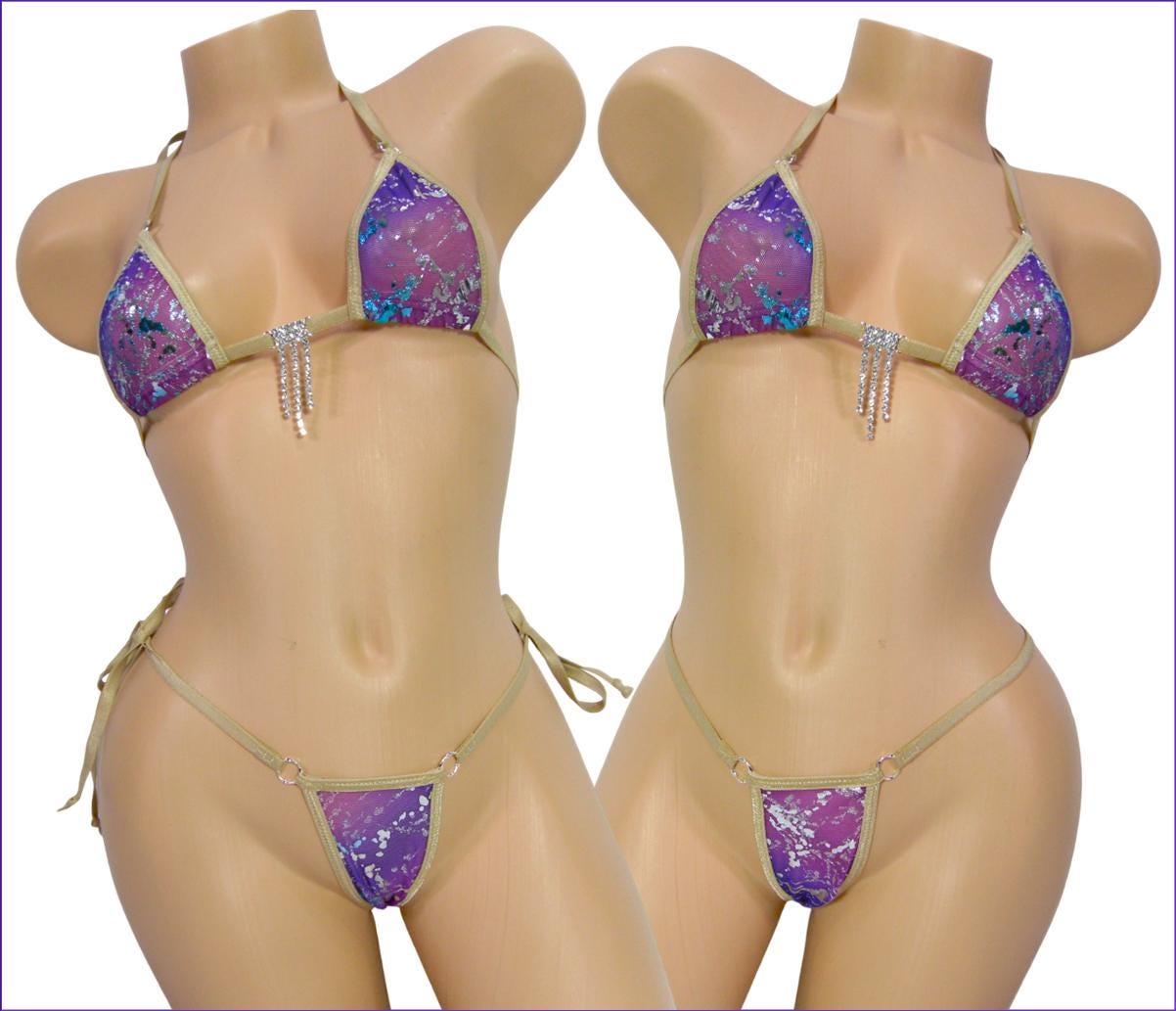 Micro Bikini w/Choice of Comfort Fit G-String-Turquoise and Silver Foil on Purple Mesh-Rhinestone-Nude/Tan Trim-S/M