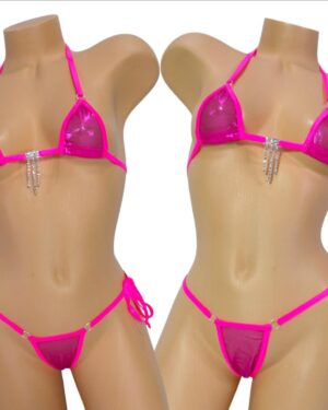 Mini Micro Bikini W/Choice of Comfort G-String-Fuchsia Metallic Mesh-Hot Pink Trim-S/M