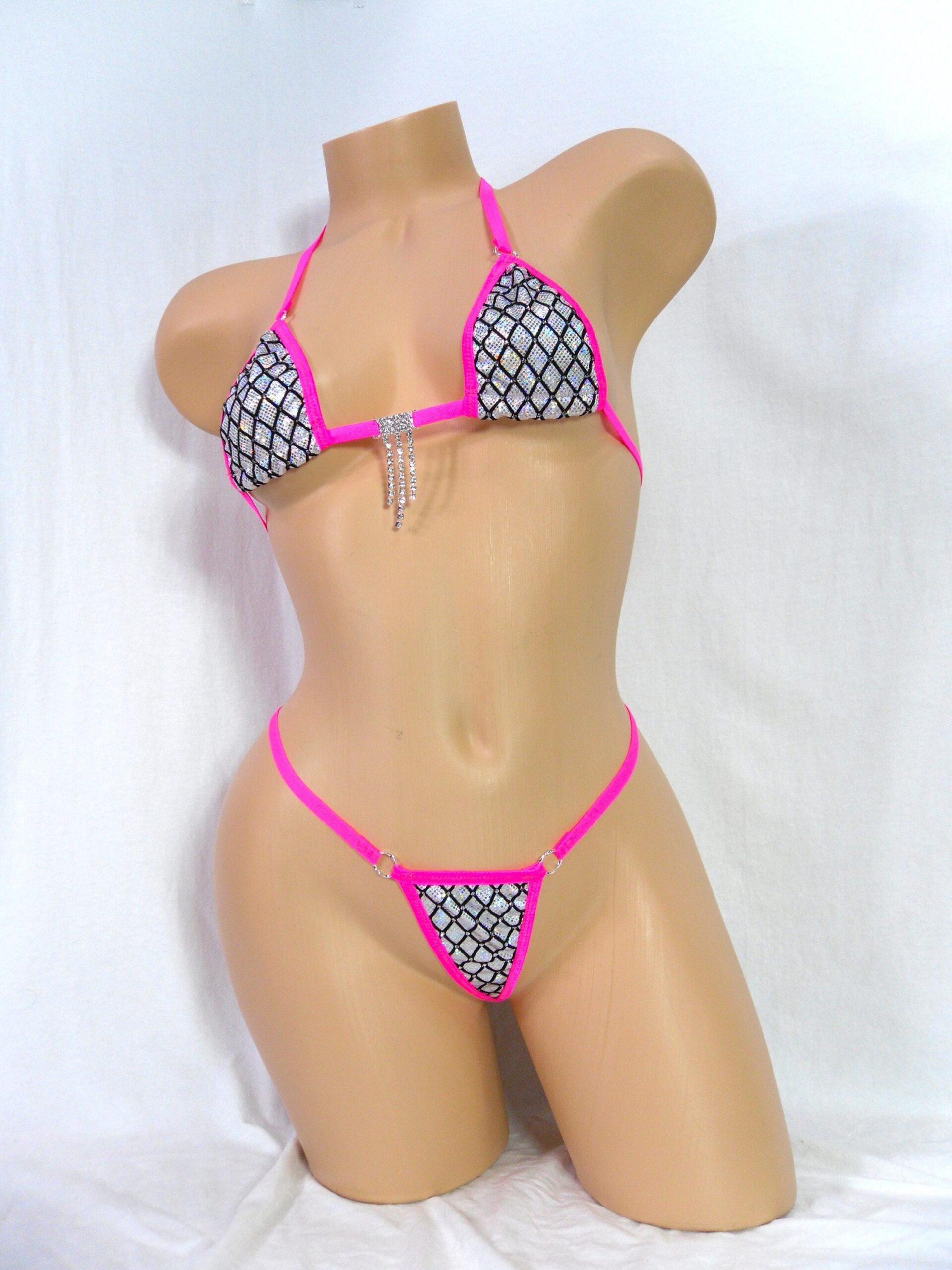 Micro G-String Bikini- Silver Shattered Glass Holographic with Velvet Diamond Flocking and Bling-S/M - Image 4