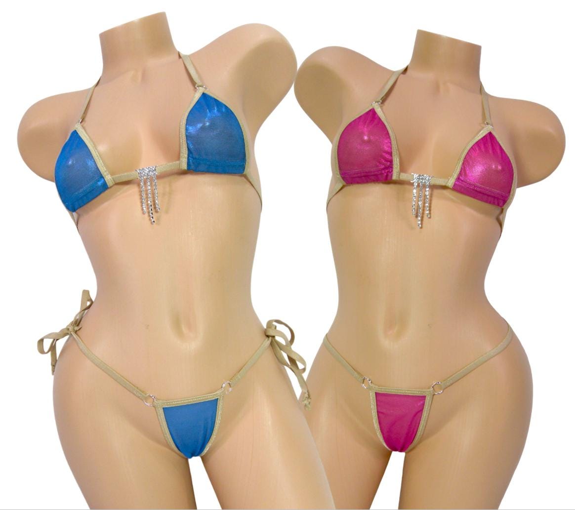 Micro Bikini w/Choice of Comfort G-String-Metallic Mesh-Tan Trim-S/M