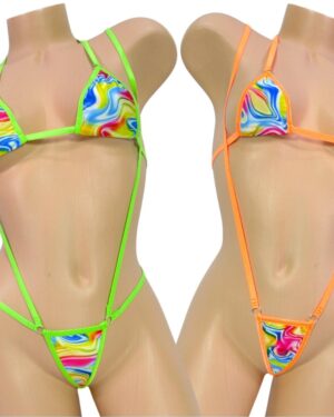 Mini Micro G-string Bikini- Multicolored Swirl trimmed in blue S/M