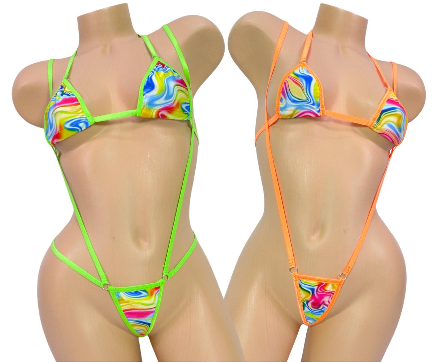 Mini Micro G-string Bikini- Multicolored Swirl trimmed in blue S/M
