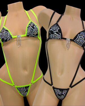 Mini Slingshot G-String Combo- Silver Spiderweb on Black-Choice of Trim Color- S/M