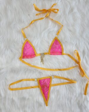 Mini Micro G-String Bikini-Hot Pink Mesh with Gold Spiderweb-Gold Trim-S/M