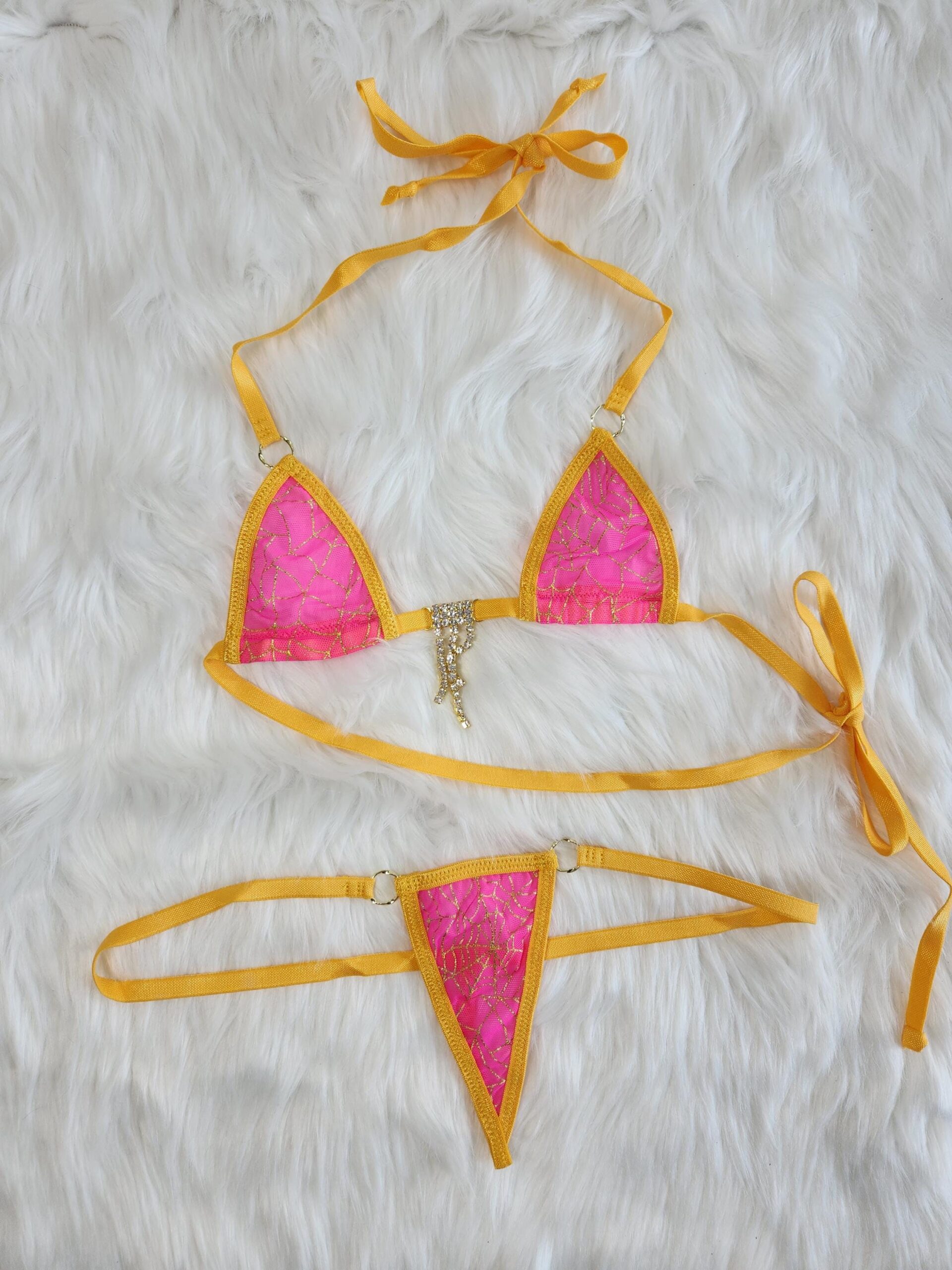 Mini Micro G-String Bikini-Hot Pink Mesh with Gold Spiderweb-Gold Trim-S/M