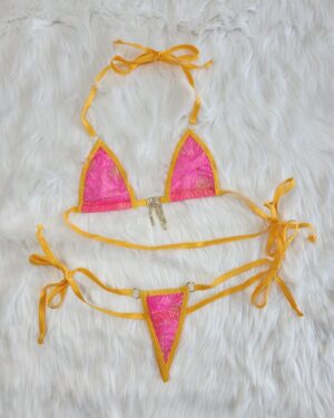 Micro G-String Bikini-Hot Pink Mesh with Gold Spiderweb-Gold Trim-S/M
