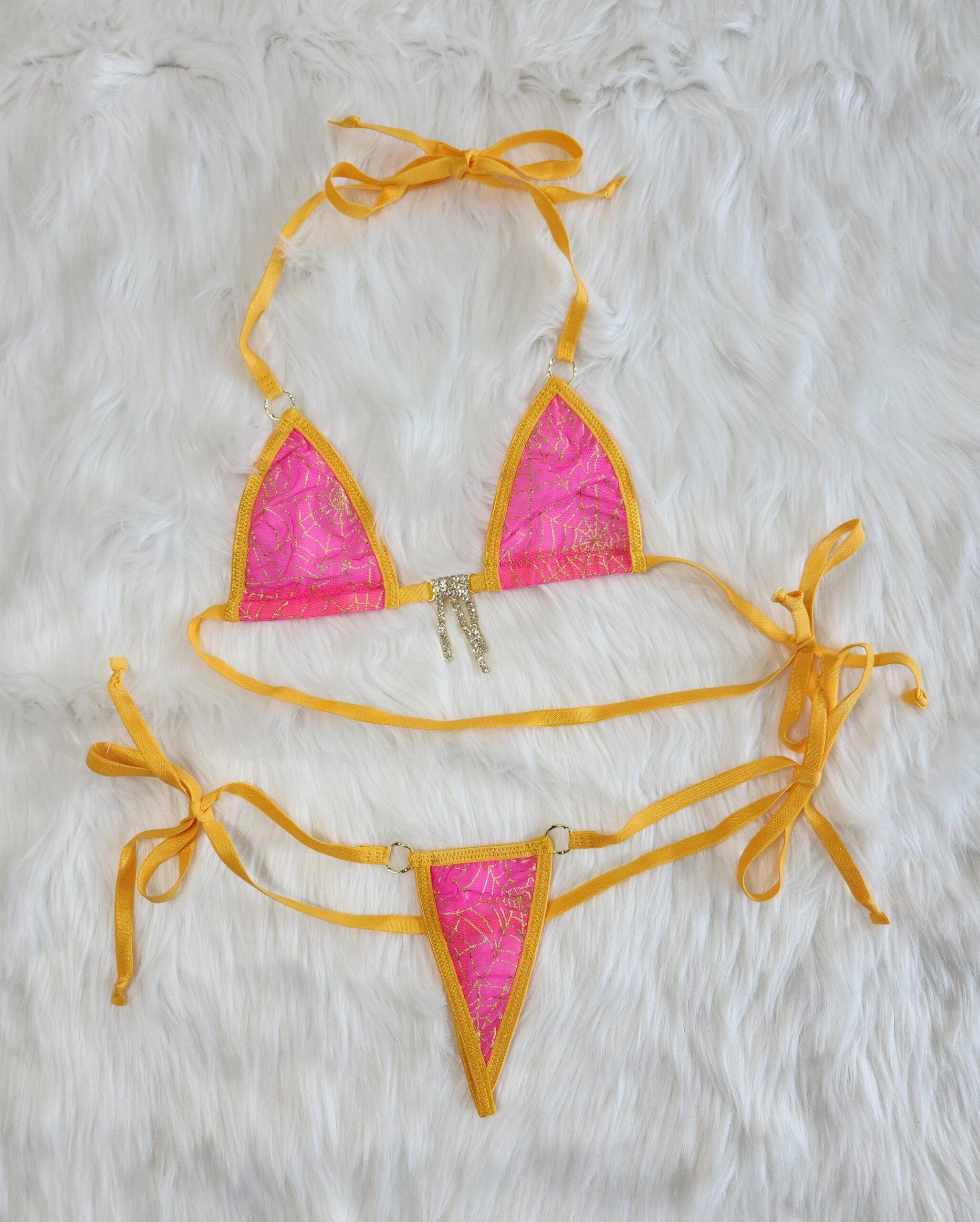 Micro G-String Bikini-Hot Pink Mesh with Gold Spiderweb-Gold Trim-S/M