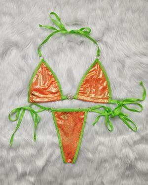 Gold Spiderweb on Orange trimmed in Green-Extended Triangle Back Thong-Princess Top- S/M