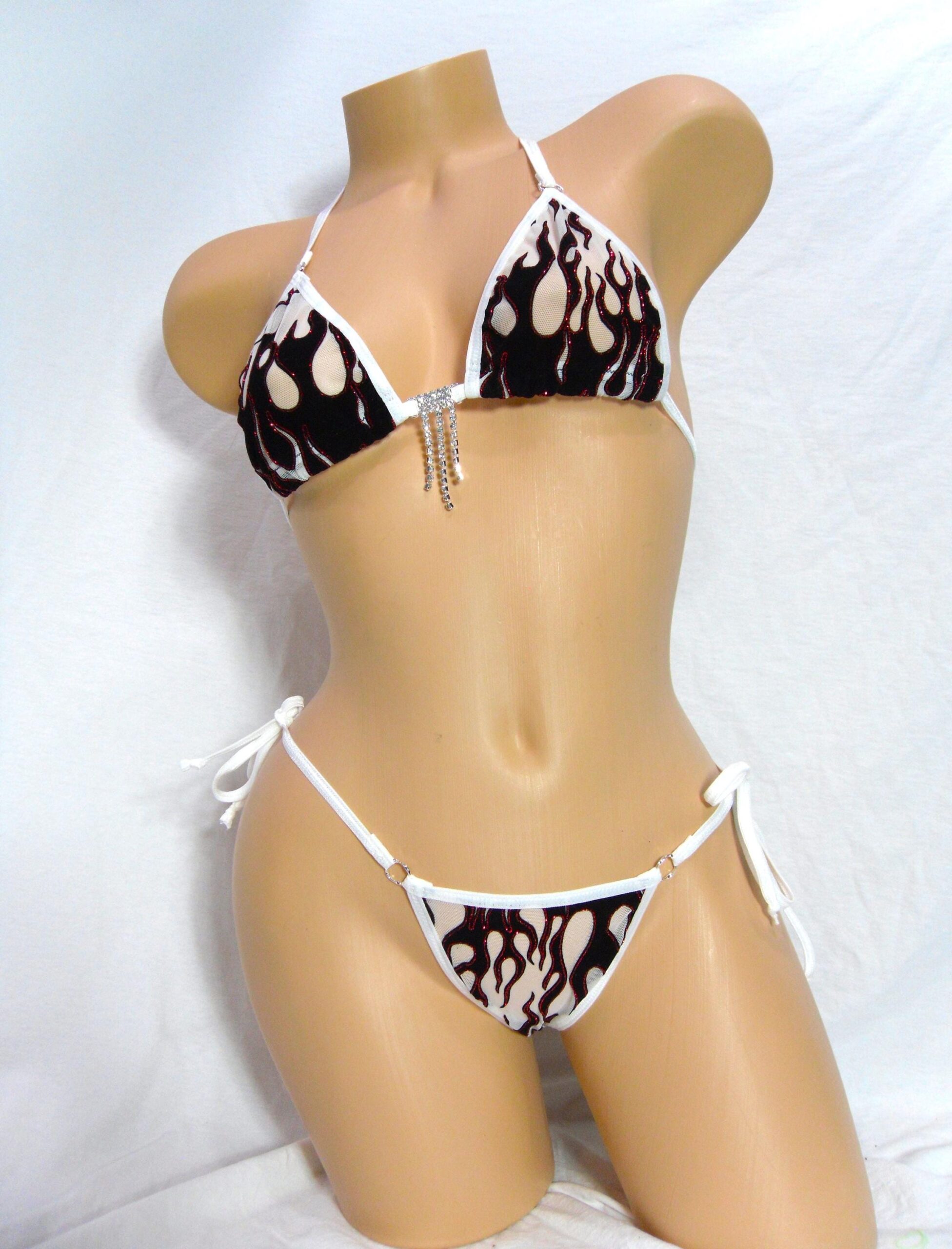 White Mesh with Black Velvet Flames and Red Glitter- Princess Bikini w/ Extended Triangle Back Thong-S/M - Image 2