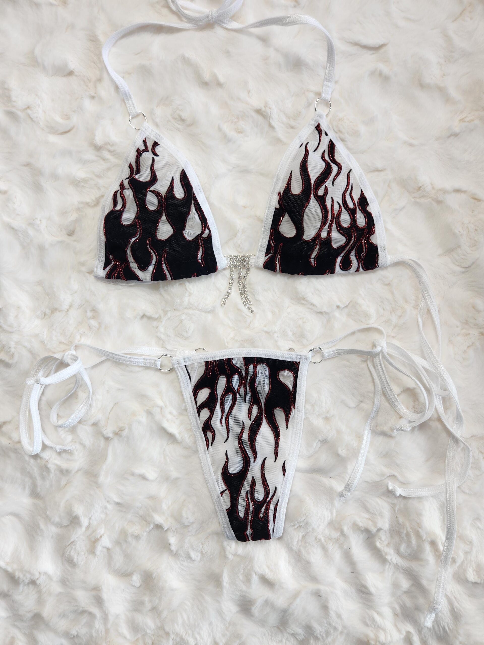 White Mesh with Black Velvet Flames and Red Glitter- Princess Bikini w/ Extended Triangle Back Thong-S/M - Image 3