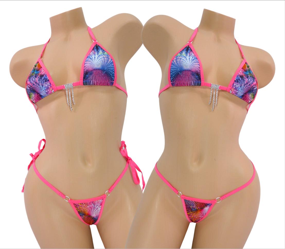 Multi-Colored Sci-fi Coral Inspired Print trimmed in Pink-Micro Bikini- With Choice of G-String Bottom- S/M