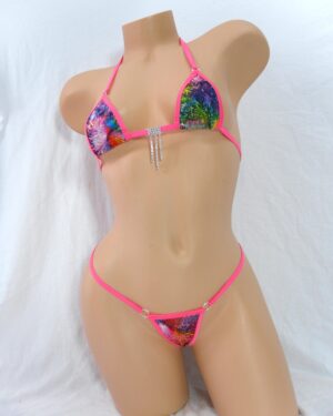 Multi-Colored Sci-fi Coral Inspired Print trimmed in Pink-Mini Micro Bikini- With Choice of G-String Bottom- S/M