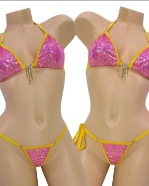 Princess Bikini- Choice of G-String- Berry Shattered Glass Holographic trimmed in Gold with a Rhinestone  S/M