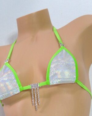 Mini Micro Bikini w/RHINESTONES! G-Sting- White Holographic Velvet trimmed in Bright Green S/M