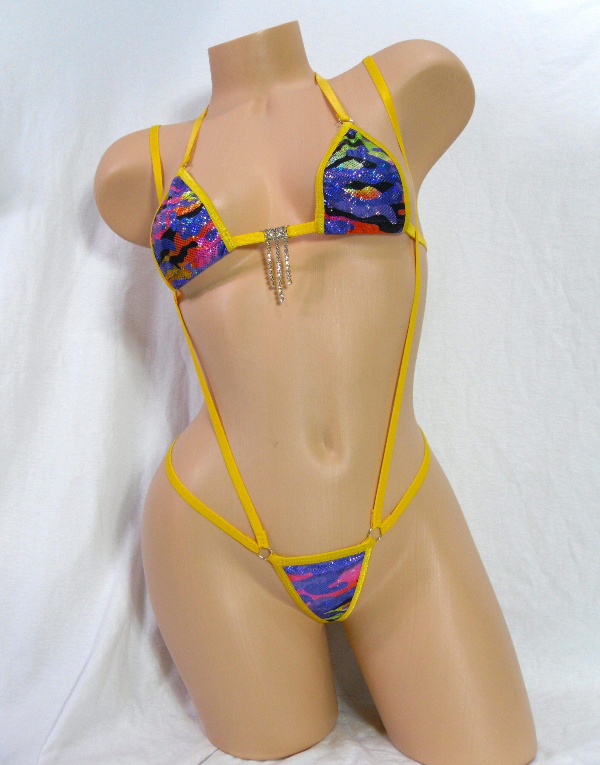 Micro Slingshot/G-String Combo-Purple, Orange and Pink Holographic Camo-Gold Trim-S/M