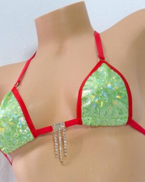 Micro G-String Bikini- Green Shattered Glass Holographic with Red Trim and Rhinestones