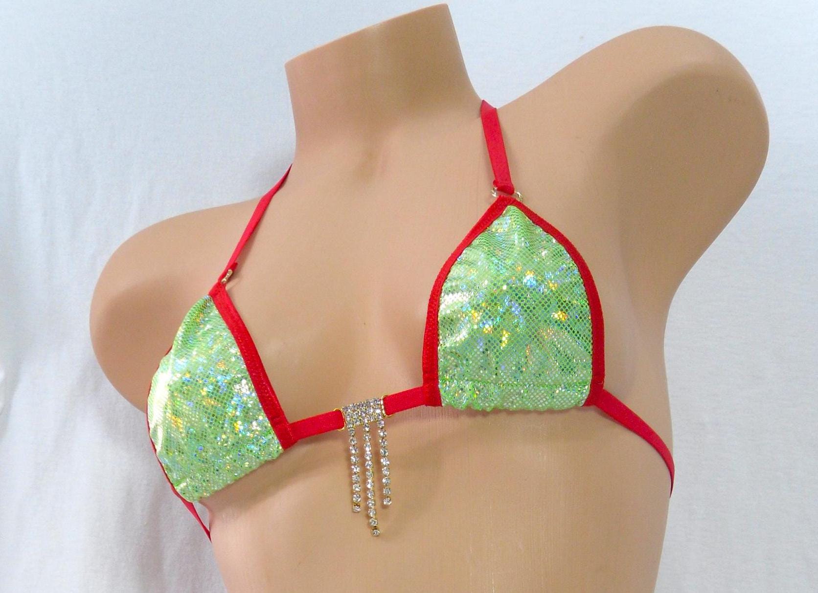 Micro G-String Bikini- Green Shattered Glass Holographic with Red Trim and Rhinestones
