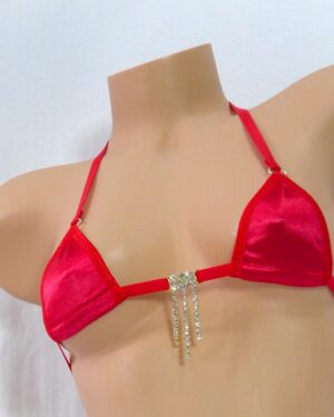 Mini Micro G-String Bikini- Red Satin with Red Trim and Rhinestones
